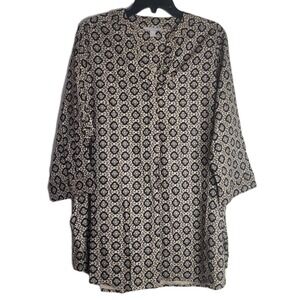 Woman Within Tunic L Rayon Geometric Medallion Print Mandarin Collar V-Neck Boho